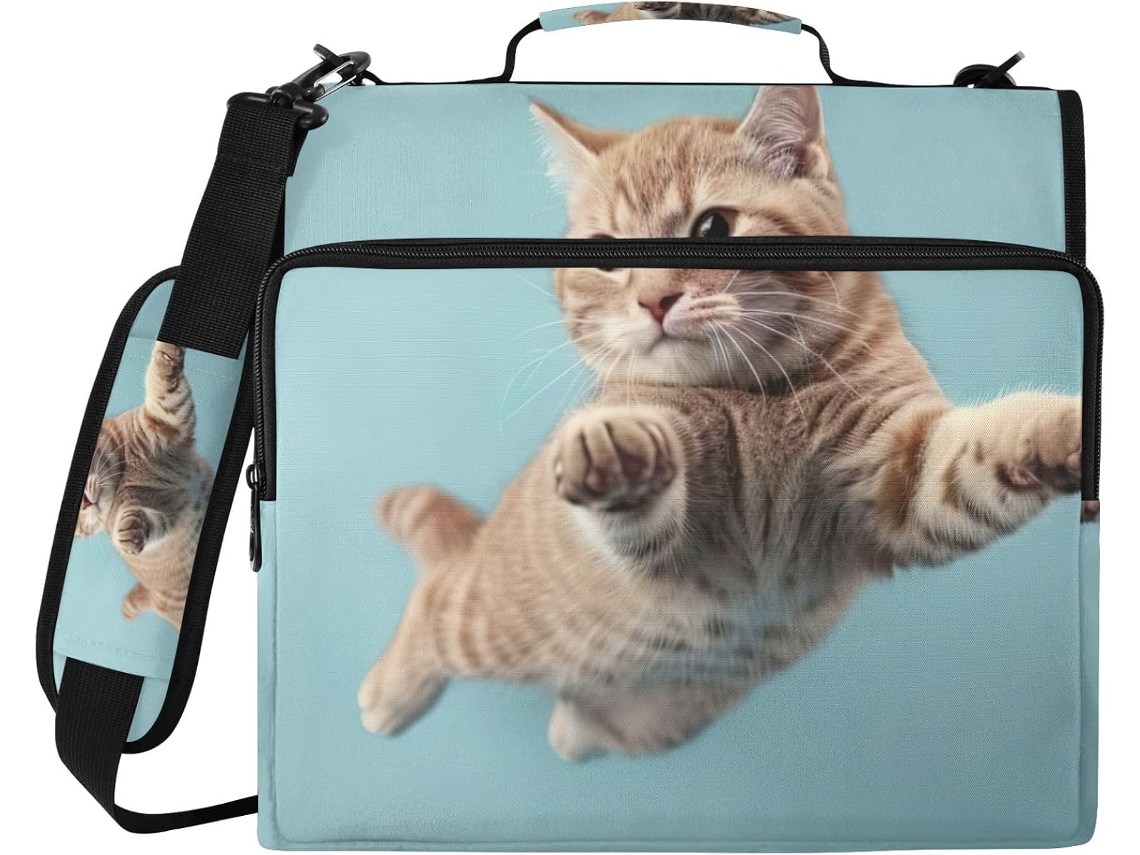 Organizador De 3 Argolas Com Gatinho Azul Fofo, À Prova D Água, Com Compartimento Laptop E Bolsos Documentos, Ideal