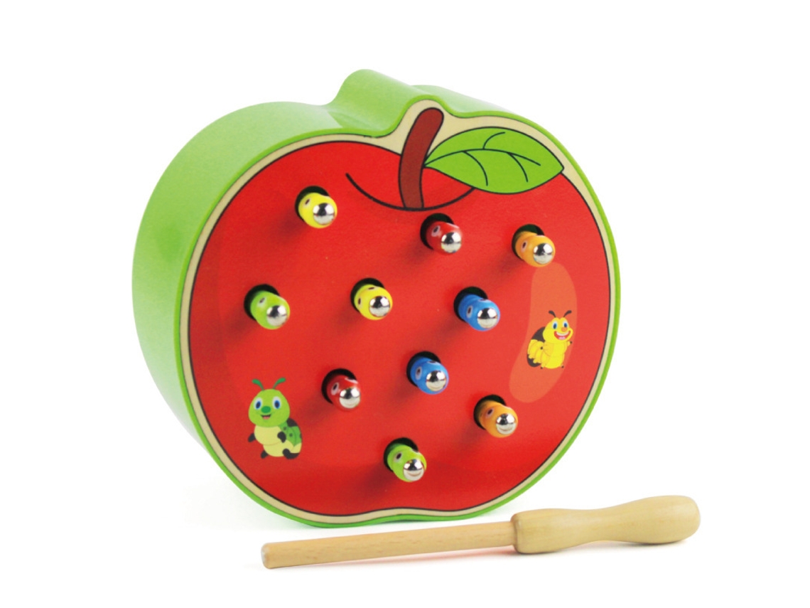 Jogo Magnético de Apanhar Minhocas, Brinquedo Educativo em Madeira para Crianças Pequenas CZHHMART (maçã)