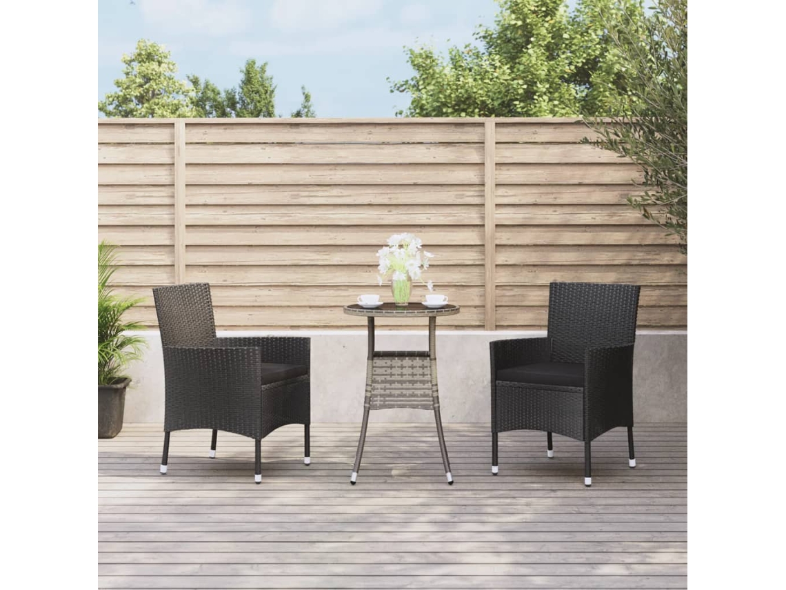 Vidaxl 3 Pcs Conjunto Bistrô De Jardim C/ Almofadões Vime Pe Preto