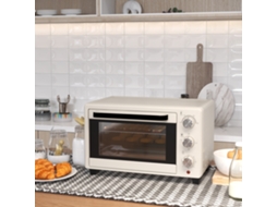 Forno pequeno de bancada com espeto giratório, 21 L, 3 funções, 100 °C - 230 °C, aço inoxidável e vidro, branco-creme. Inclui grelha Liptaptyn e assadeira.