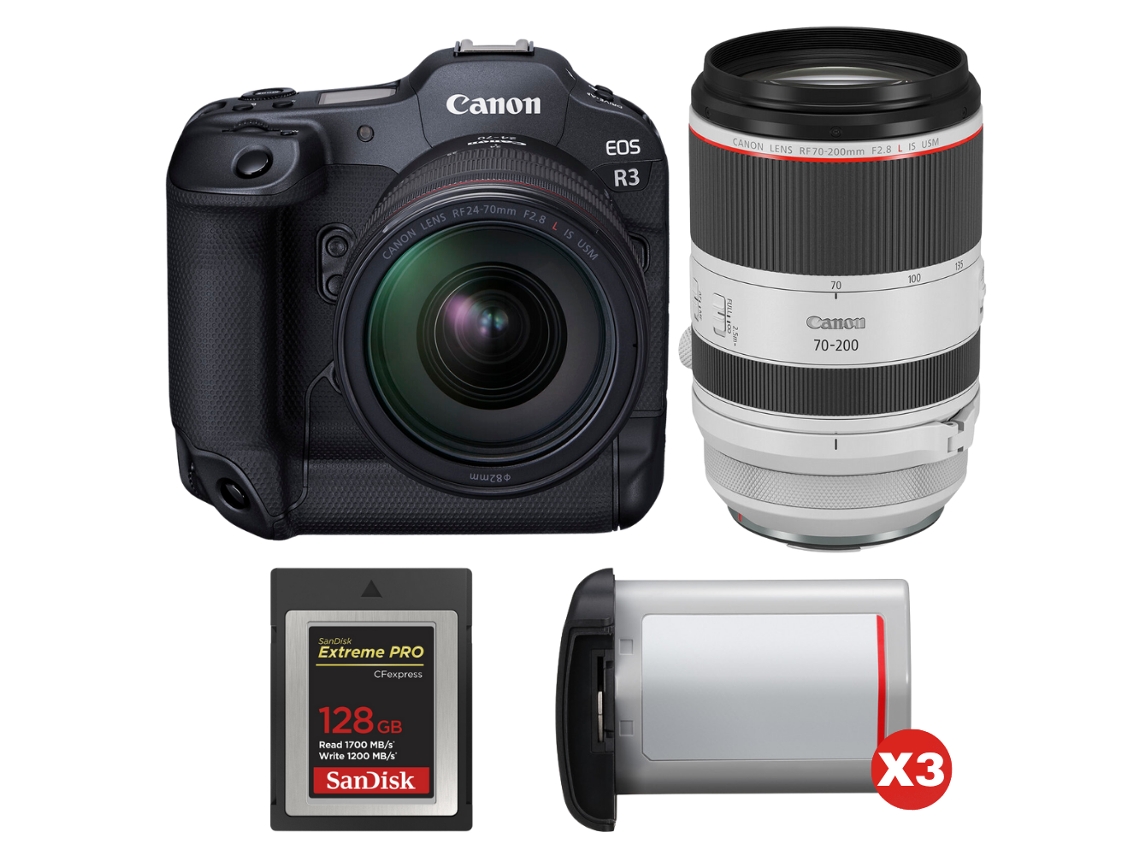 Eos R3 + Rf 24 70mm F/2.8 L Is Usm + Rf 70 200mm F/2.8 L Is Usm + 1 Sandisk 128gb Extreme Pro Cfexpress Type B + 3 Canon L + Ebook Pricedirect CANON