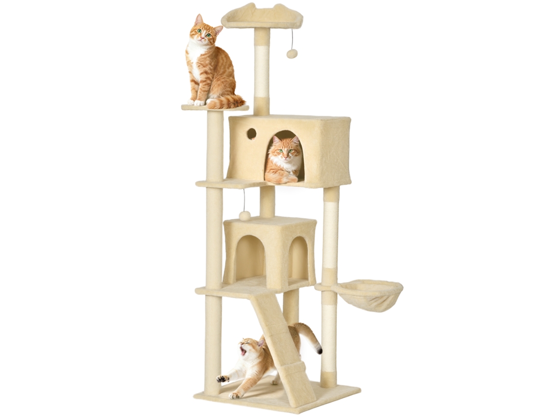 Arranhador Para Bege Gatos Com Múltiplas Plataformas Cama 2 Cavernas Rede Escada Postes De Sisal 56x56x180 Cm