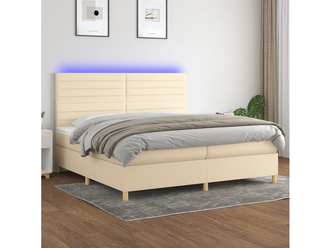 Vidaxl Cama Box Spring C/ Colchão E Led 200x200 Cm Tecido Cor Creme