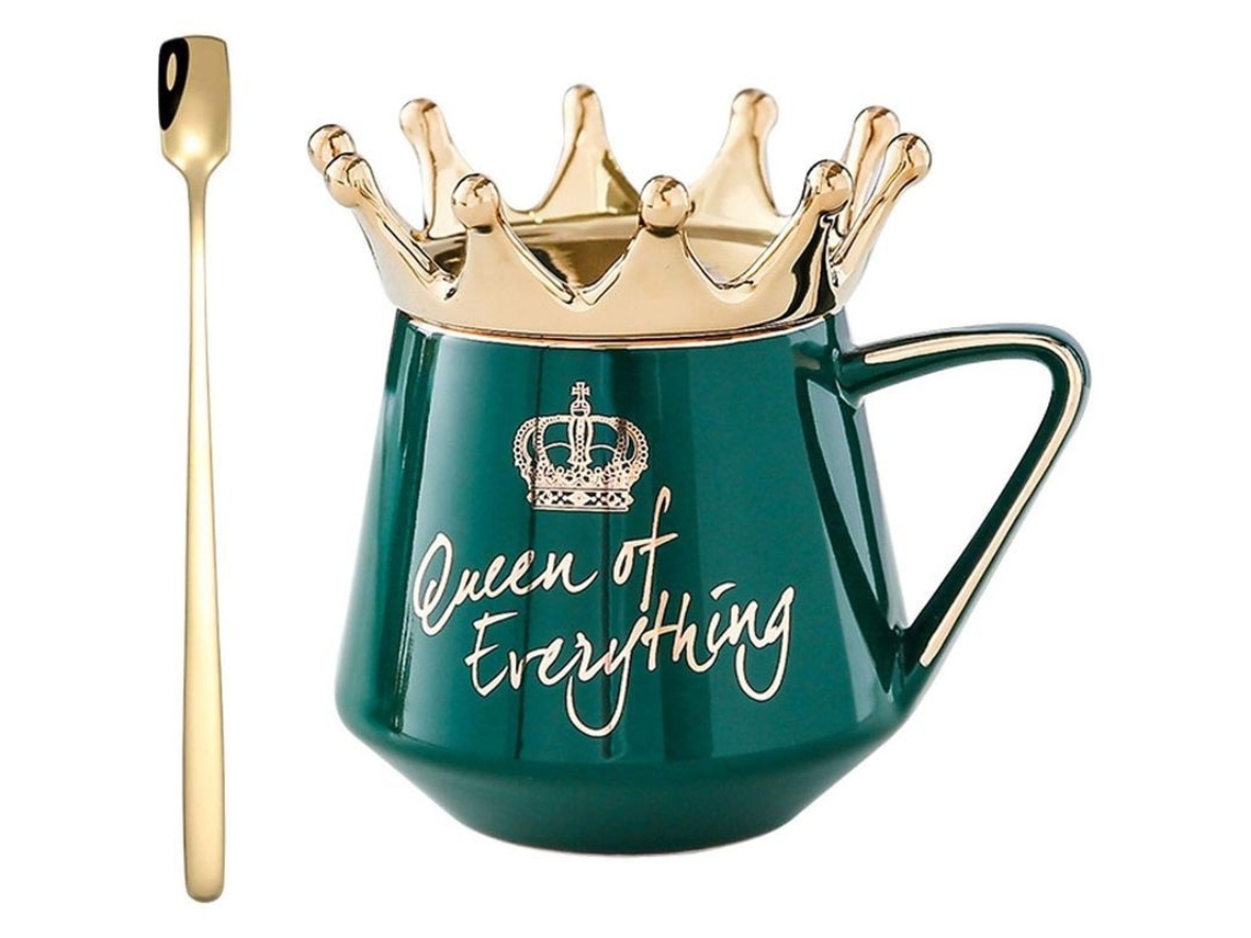 Taza De Cerámica Creative Crown Com Tampa E Colher Para Café Taza De Leite Grande Presente Personalizado (verde)