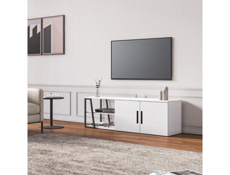 Tv Móvel 150 Cm Moderno Branco Brilhante Preto 2 Portas Hyeres Minima Decor