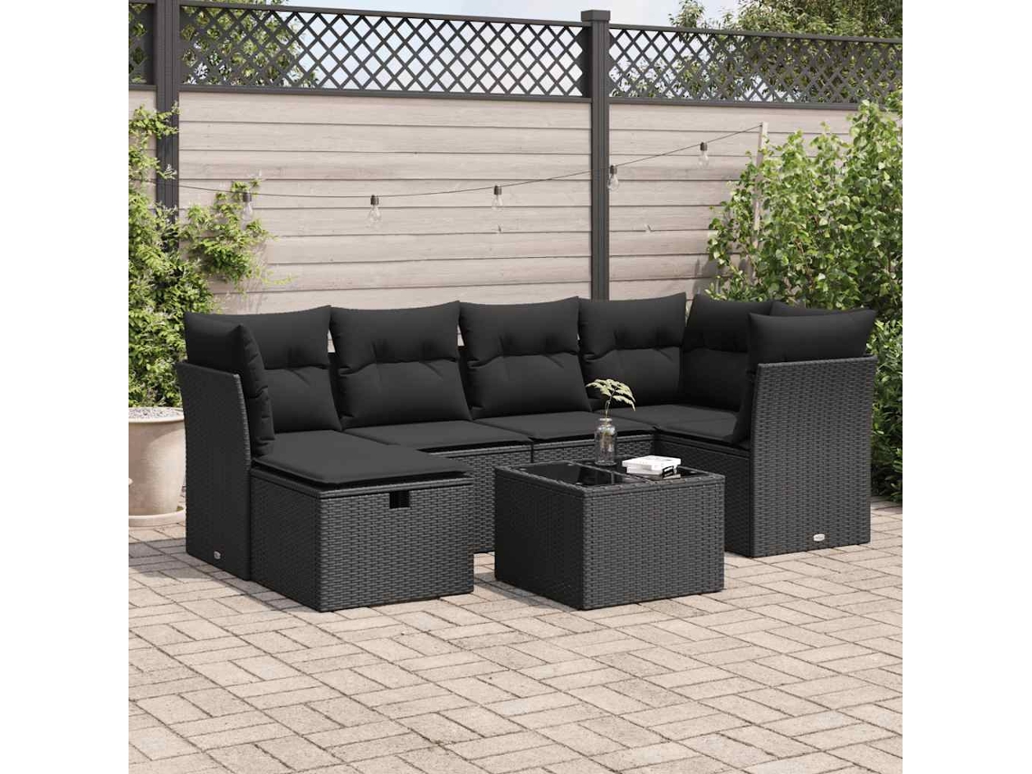 Vidaxl 7 Pcs Conjunto De Sofás P/ Jardim C/ Almofadões Vime Pe Preto