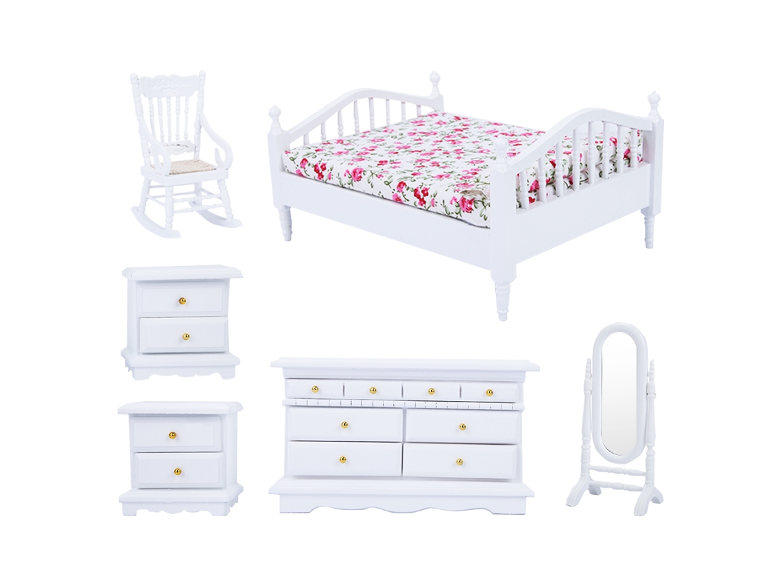 Conjunto 6 Móveis Miniatura Madeira Branco Para Quarto De Casinha De Boneca