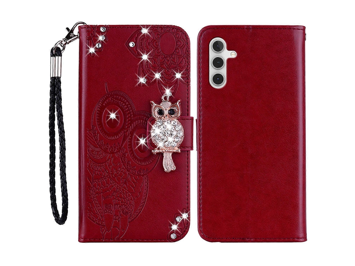 Compre Capa Carteira De Couro Com Estampa De Coruja E Strass Para Samsung Galaxy S24 Fe, Vermelha
