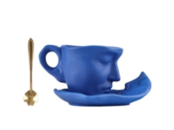 Conjunto Romântico De Xícara Chá Cerâmica Com Rostos Desenhados Para Casais Caneca, Pires E Colher , Presente Exclusivo Aquaforge (2 Peças)
