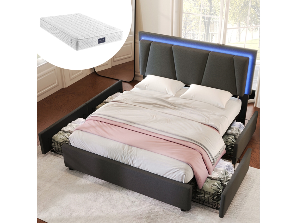 Cama Estofada Casal 160x200 Led 4 Gavetas Cabeceira Ajustável Cinza Com Colchão