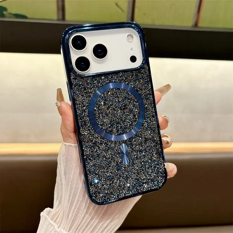 (azul, Iphone 14 Pro Max) Capa Para Celular Com Carregamento Sem Fio Magnético E Estrutura De Metal Galvanizado.