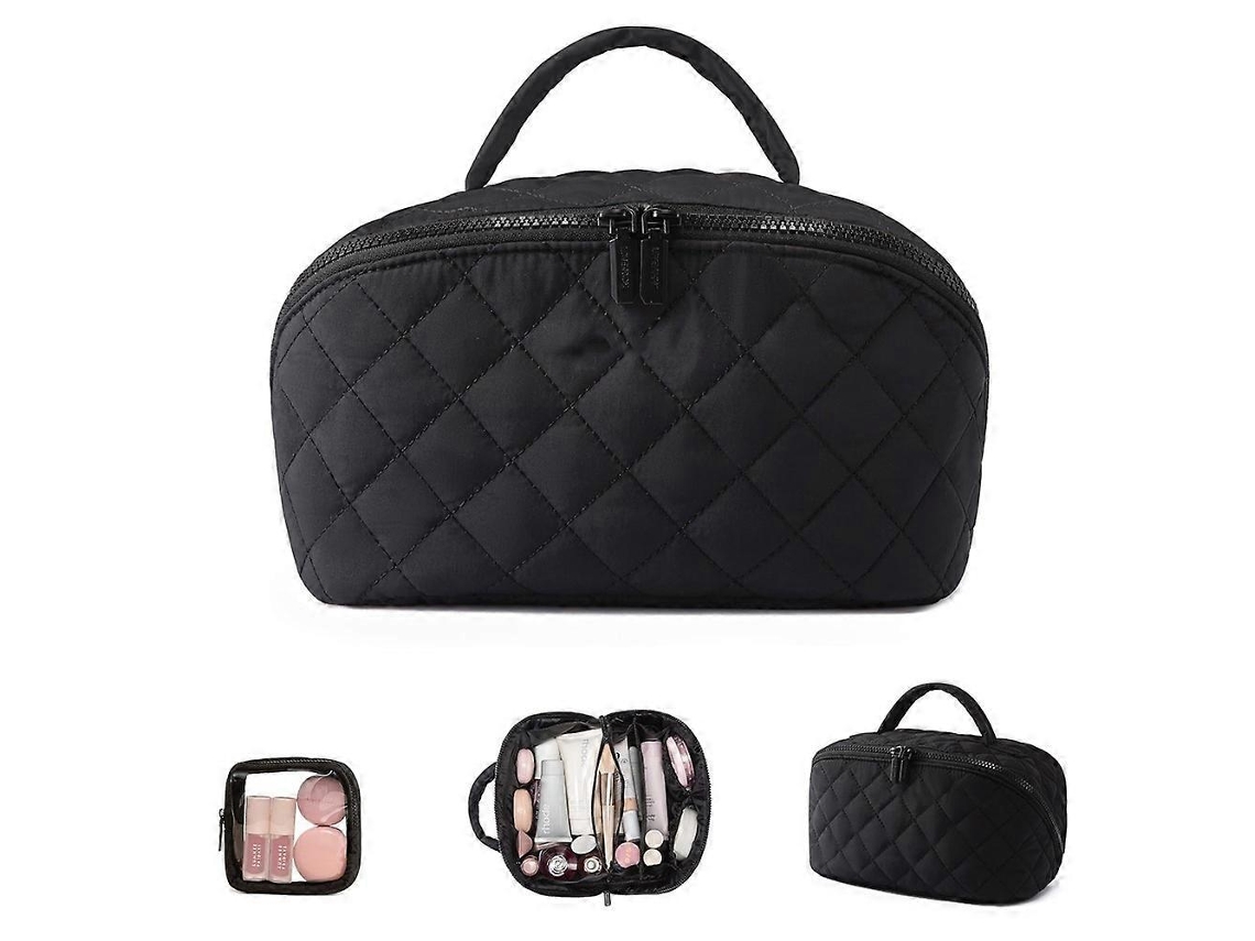 Necessaire De Maquiagem Acolchoada Preta Com Compartimentos Para Viagem