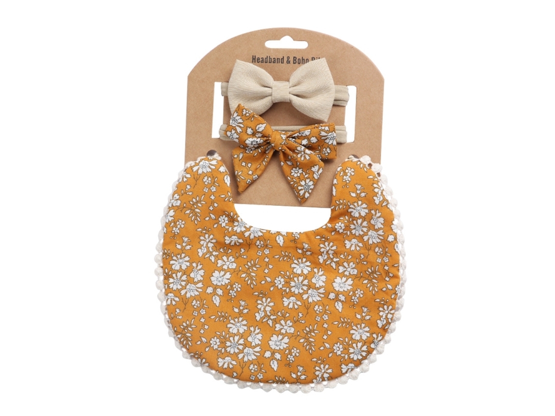 Kit Babador Reversível Em Linho E Algodão Estampado Para Bebê Com Tiara Toalha De Saliva Dp021-6