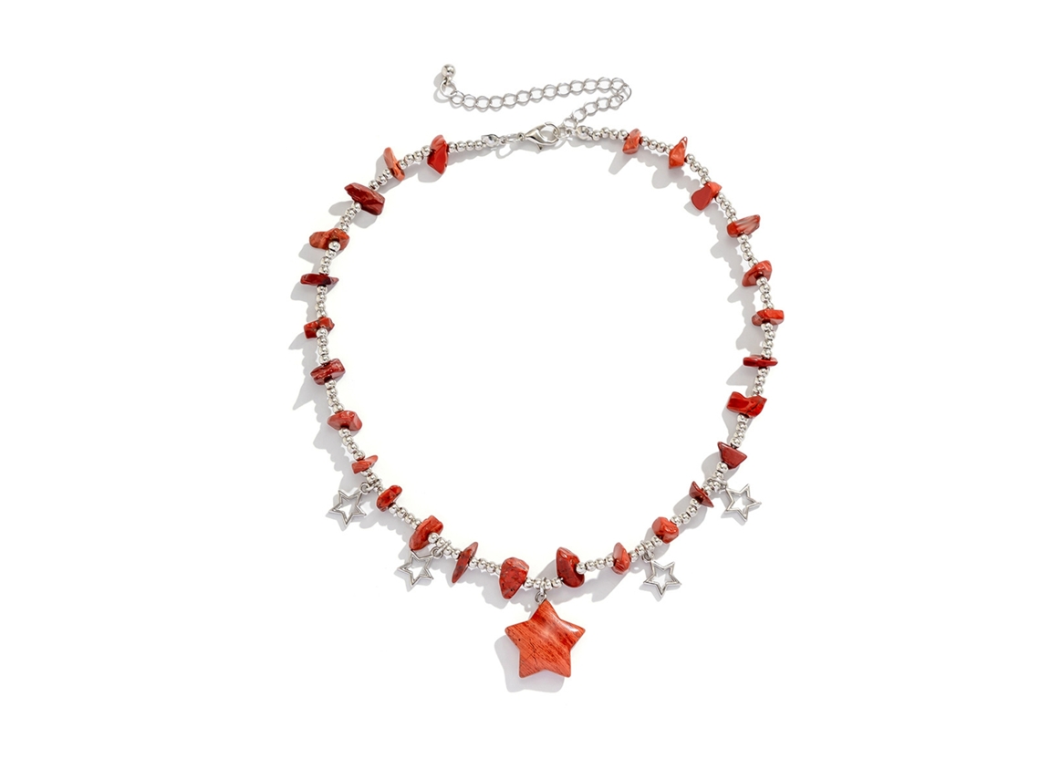 Colar de Gola com Pingente de Estrela Mulher Pedras Irregulares Ajustável Brick Red