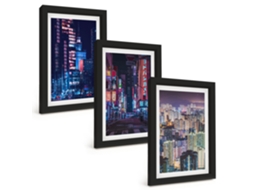 Pinturas Murais Modernascidade Noturna, Luzes De Néon Moldura Preta Fotos Para O Corredor Espelharte (3 Peças 20x30 Cm)