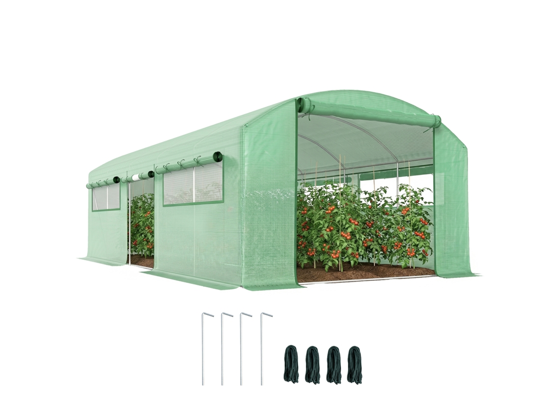 Estufa Tipo Túnel 6x3x2 M com 3 Portas Enroláveis 6 Janelas com Rede e Estrutura de Aço Galvanizado Verde PROFESIA BOYANG