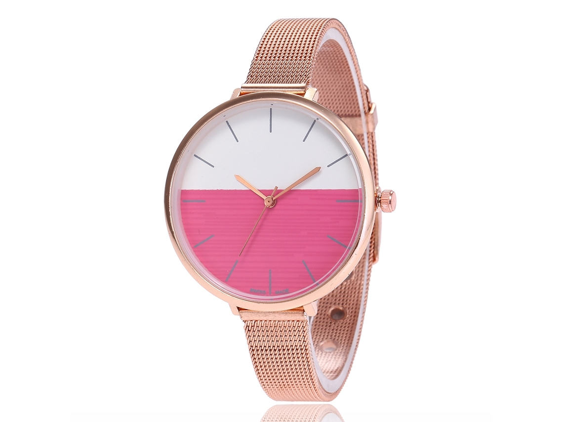 Relógio de Pulso Feminino de Quartzo com Pulseira de Malha e Mostrador Bicolor (vermelho Rosa)