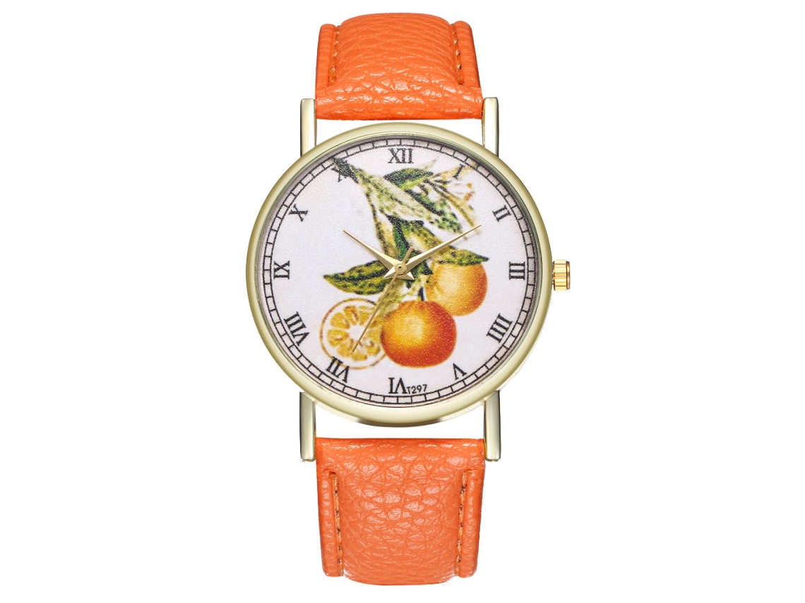 Relógio unissex casual de quartzo com pulseira de couro laranja.
