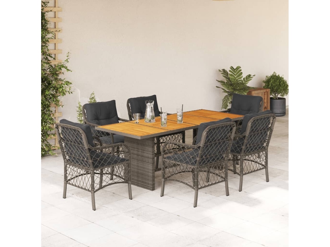 7 Pcs Jogo De Jantar P/ Jardim C/ Almofadões Vime Pe Cinza Dkd Home Decor