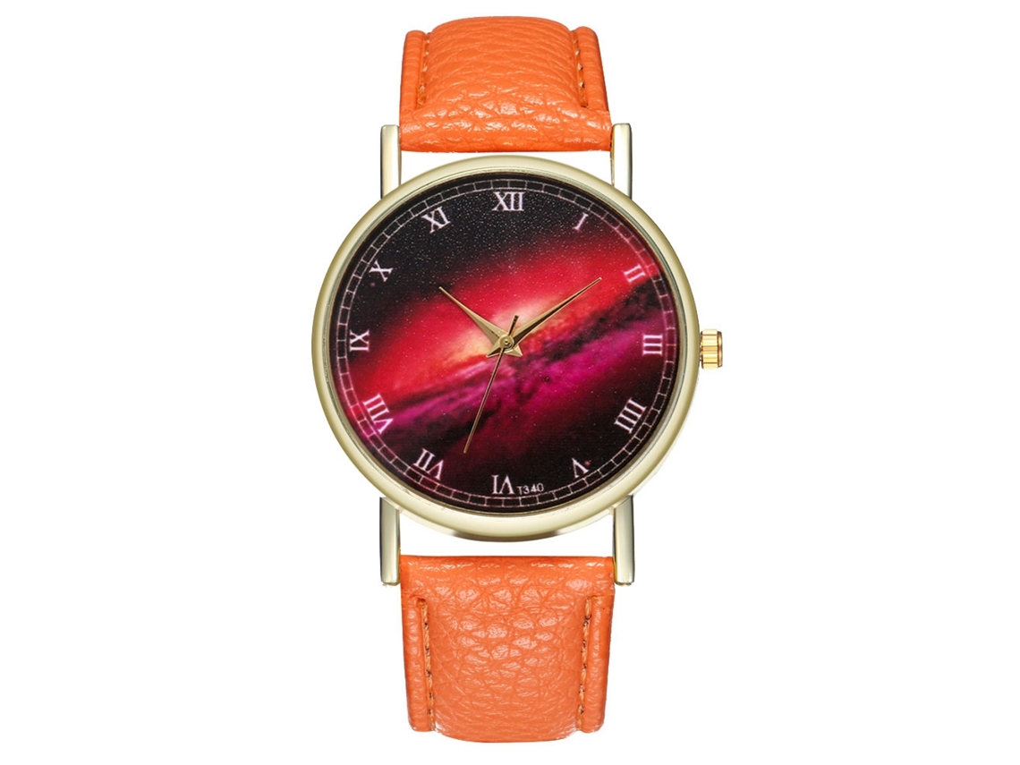 Relógio de pulso analógico de quartzo laranja com mostrador redondo e pulseira de liga metálica, ideal para casais.