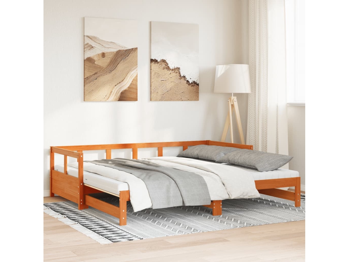 Sofá cama con cajón y colchón de pino marrón miel de 90x190 cm