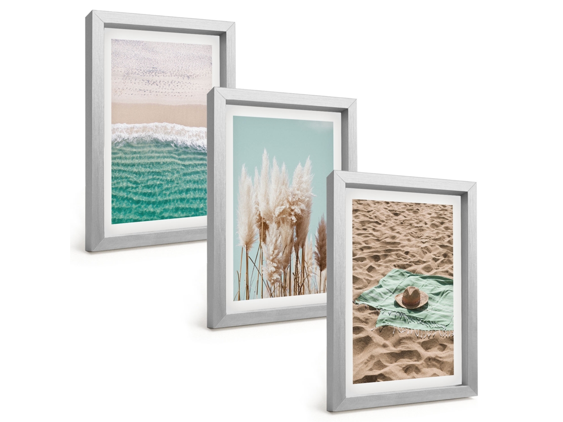 Composição De Quadros Ondas Da Praia, Chapéu De Grama Espelharte (3 Peças 20x30 Cm)
