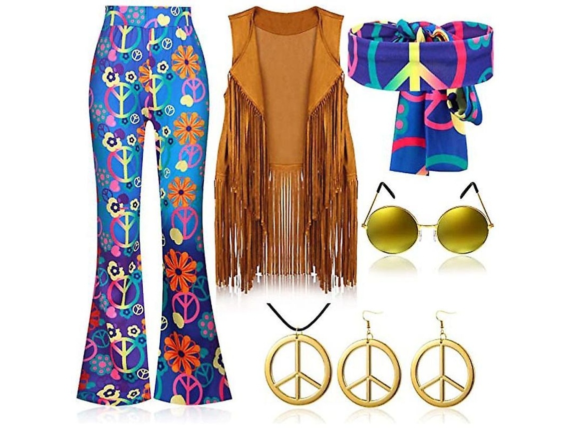 2026 traje Hippie Retrô Dos Anos 70 para Festa com Colete de Faixas, Calças e Cachecol Newway