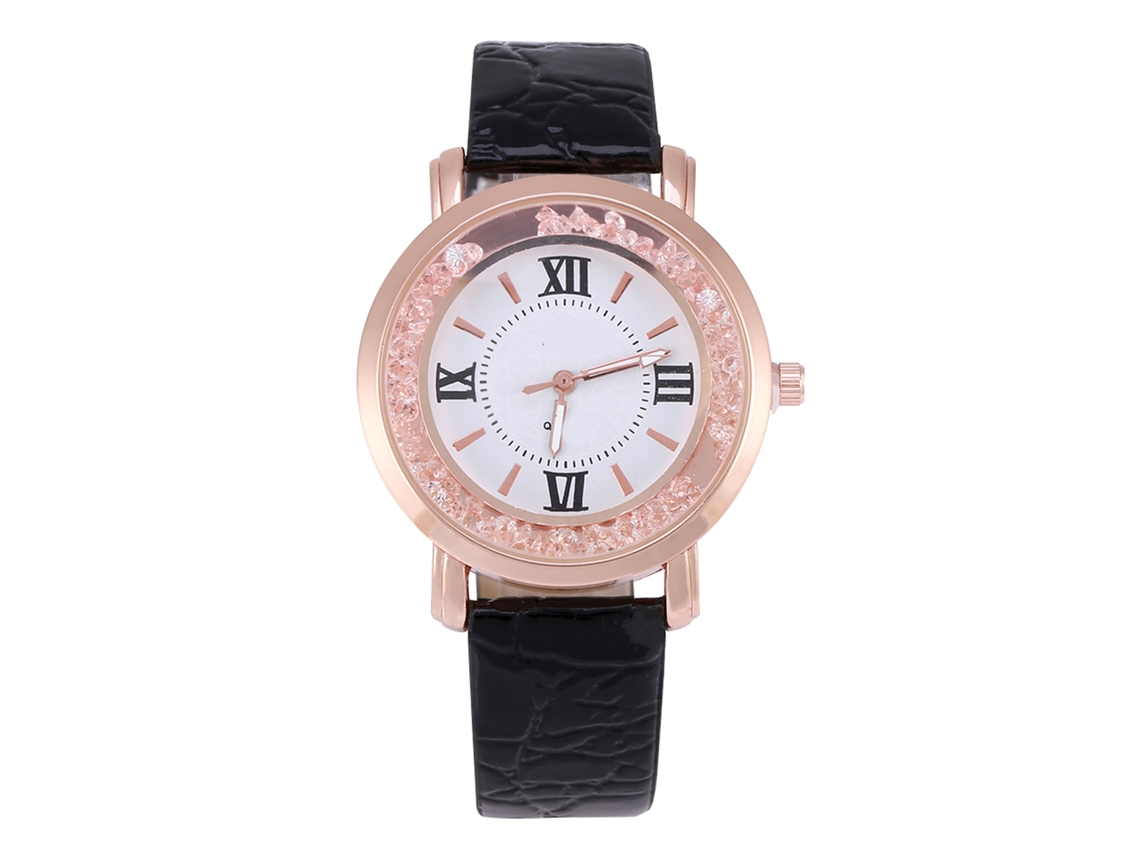 Relógio Feminino Analógico de Quartzo com Strass Cinta Pu Preto Elegante