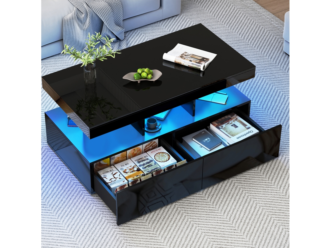 Mesa De Centro, Mesa Lateral Moderna Com Função De Armazenamento,com 2 Gavetas E Led,preto