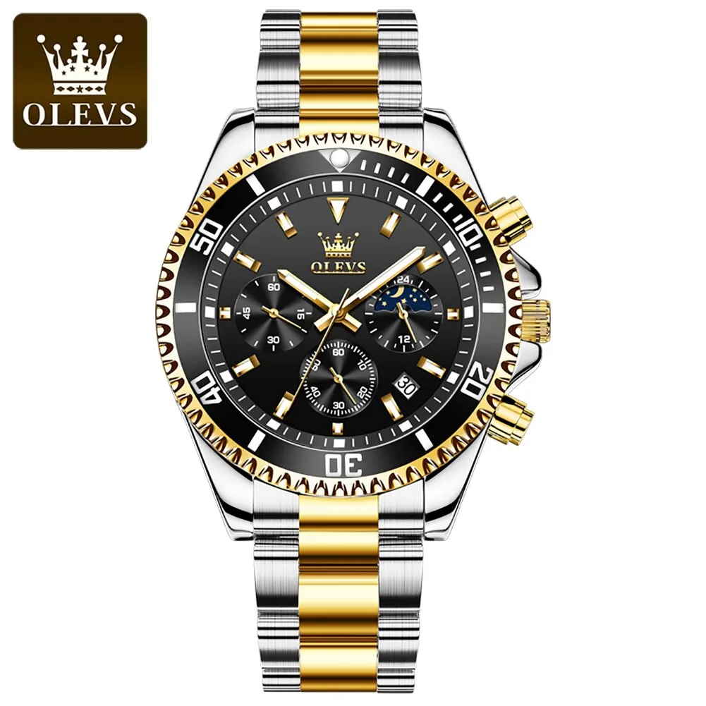 Relógio Masculino de Luxo, Elegante e Moderno, À Prova D'água, em Aço Inoxidável , com Detalhes Luminosos. MDUG (dourado e Preto)