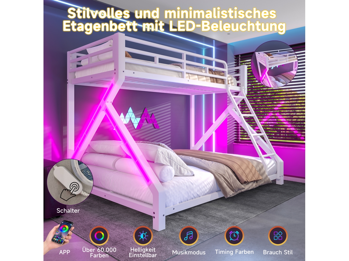 Beliche De Metal 90x200/140x200 Cm Com Iluminação Led, Grades De Segurança, Escada, Estrutura De Ferro, Branca (colchão Não Incluído)