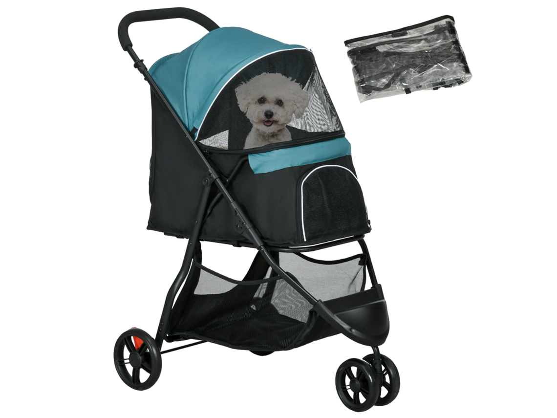 Carrinho de Animal de Estimação, Dobrável, com Capa de Chuva, 2 Porta copos, + Azul Preto