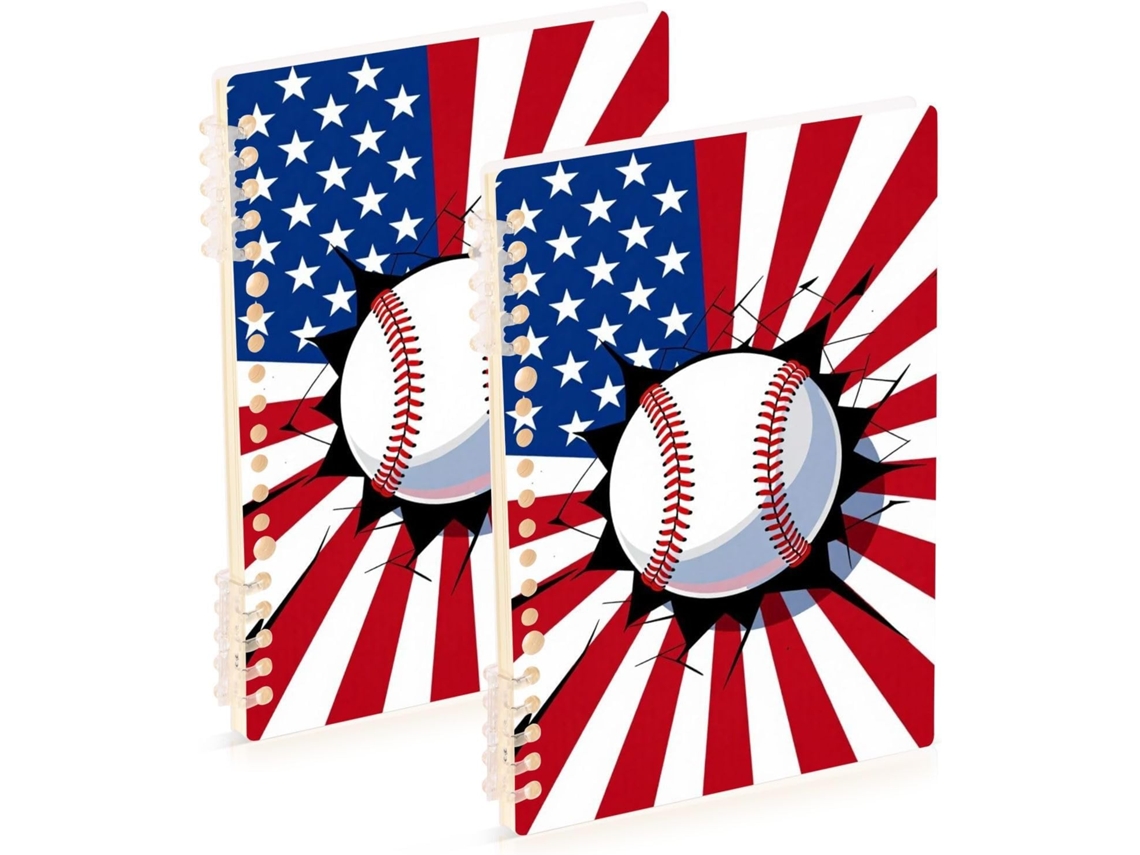 Conjunto de 2 Cadernos Pautados A5 com Estampa da Bandeira Americana Beisebol, 21,1 X 14,5 Cm, Capa Dura, Enca