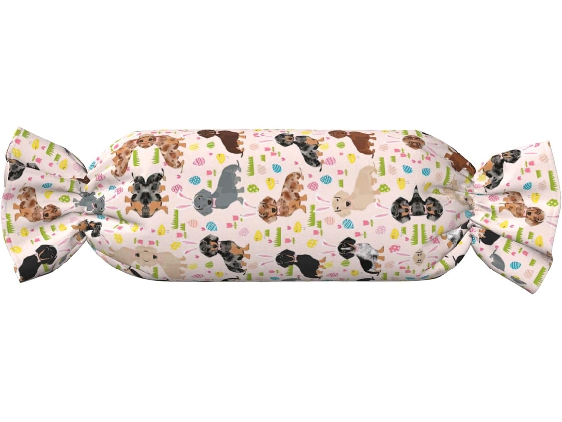 Almofada Cilíndrica Formato de Doce com Estampa Cachorro e Flores 100 % Poliéster Ideal para Viagens, Casa
