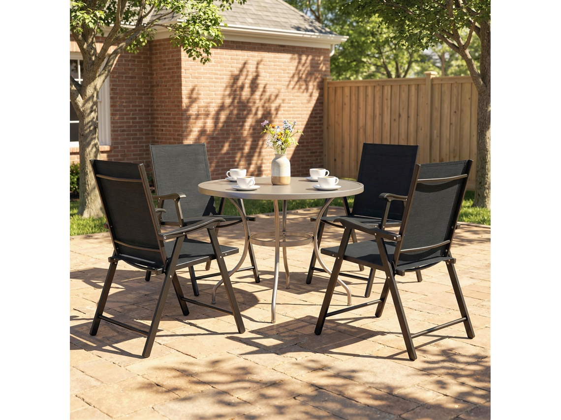 Conjunto de 4 Cadeiras de Jardim Dobráveis 58x62x97cm, Estrutura de Aço Reforçado, Assento Ergonômico, Preto