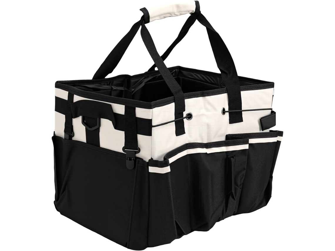 Organizador de produtos de limpeza, bolsa de limpeza portátil com altura ajustável para os ombros e para as mãos, divisórias removíveis.