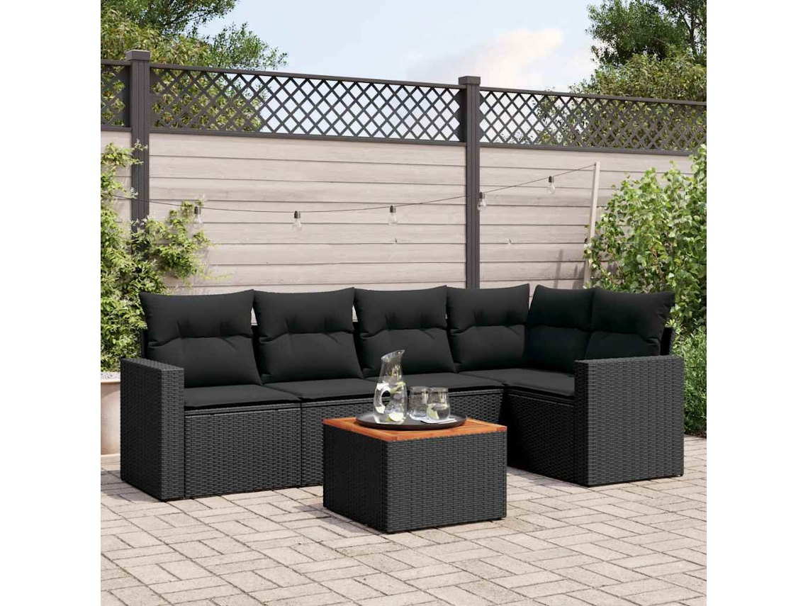 Vidaxl 6 Pcs Conjunto Sofás De Jardim C/ Almofadões Vime Pe Preto