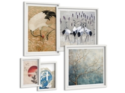 Composição De Quadros Na Parede Garças Japonesas, Paisagem Moldura Branca Quadros Para O Escritório Espelharte (conjunto De 5 Imagens)