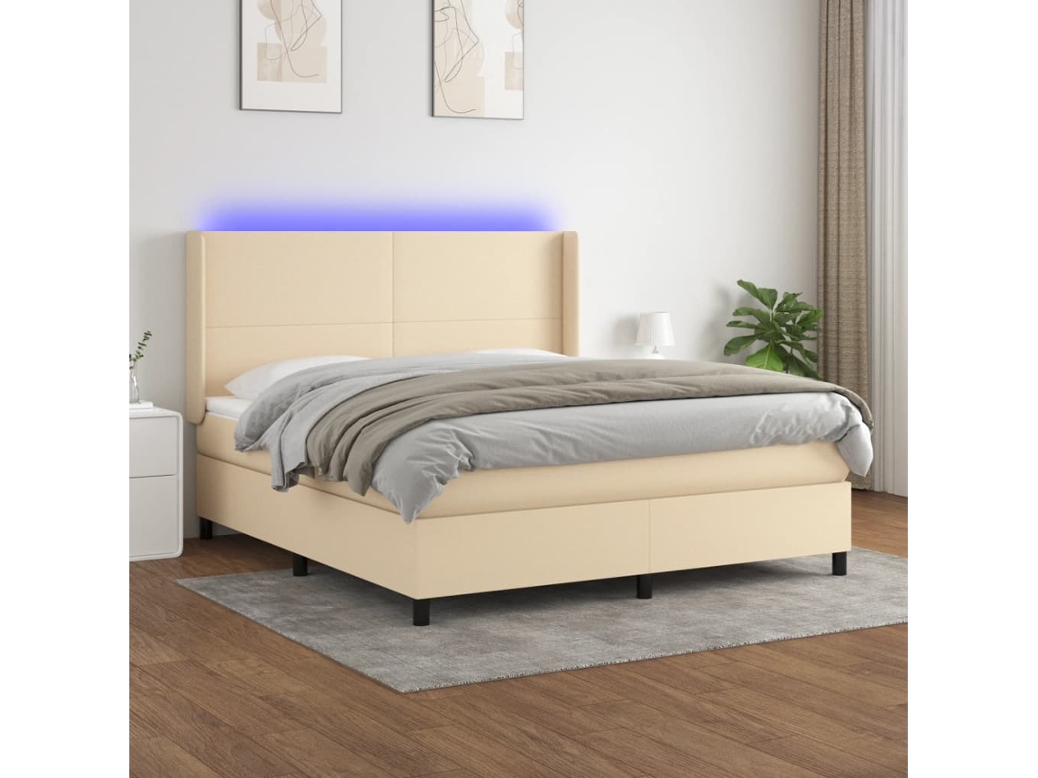 Vidaxl Cama Box Spring C/ Colchão E Led 180x200 Cm Tecido Cor Creme