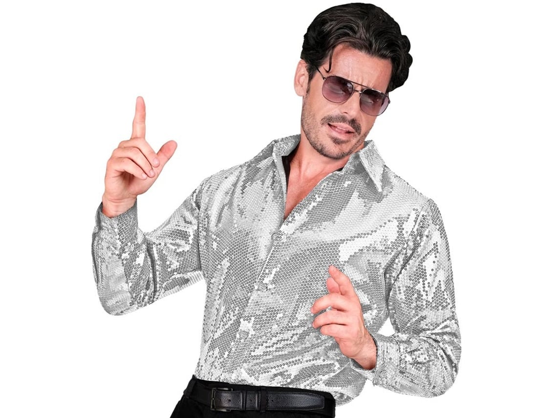 Fantasia ou camisa fashion prateada com lantejoulas para homem