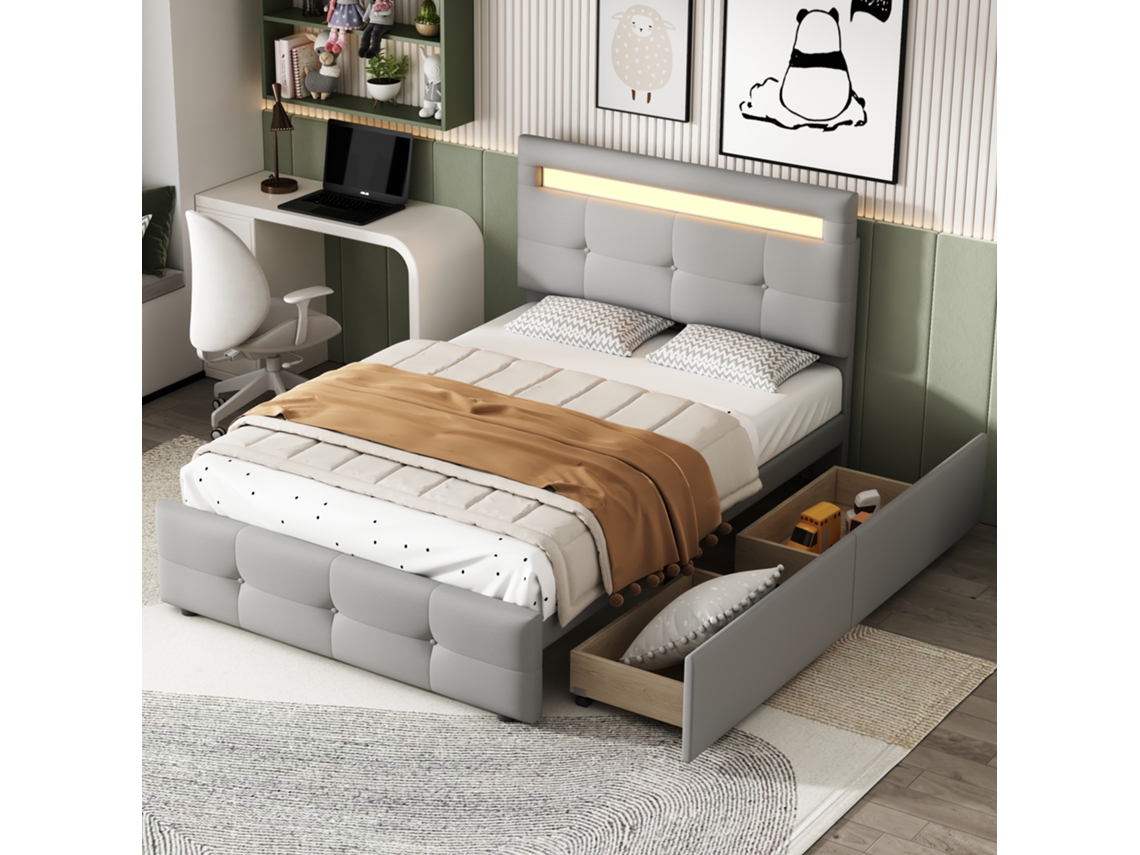 Cama 90x200 Cinza com Iluminação Led e 2 Gavetas