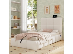 Cama Individual Estofada 90x200 Cm Cama Funcional com Arrumação, Cabeceira Almofadada e Porta Usb Bege NOVELA