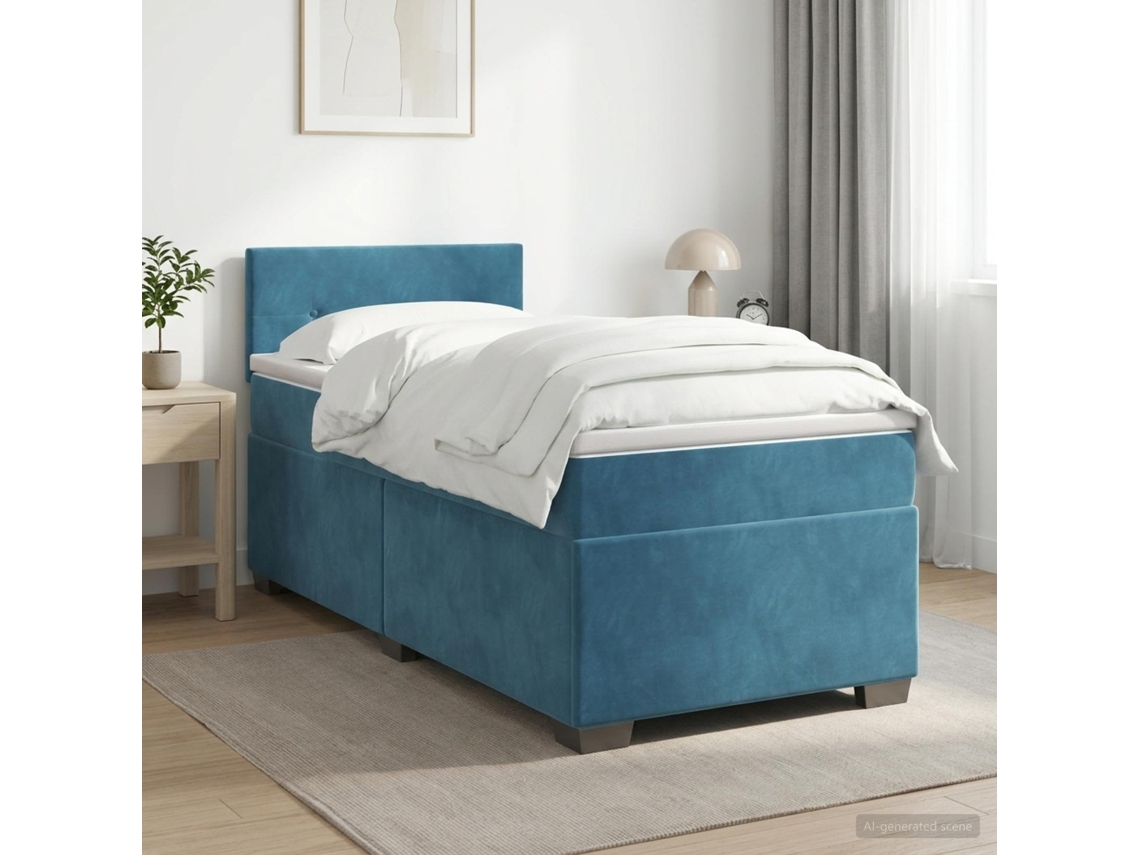 Vidaxl Cama Box Spring Com Colchão Azul Escuro 90 X 200 Cm Veludo