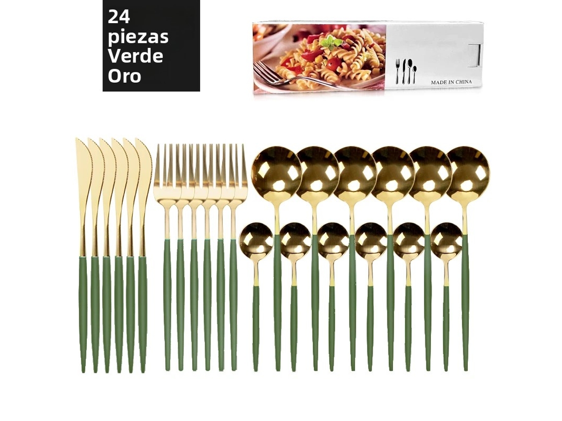 Conjunto de Talheres de Aço Inoxidável com 24 Peças, Incluindo Faca, Colher, Garfo e Talheres Prateados Estilo Ocidental. MDUG (verde e Dourado)