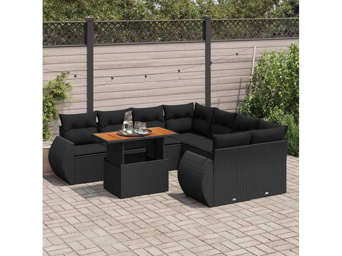 Vidaxl 9 Pcs Conjunto De Sofás P/ Jardim C/ Almofadões Vime Pe Preto