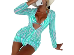 Bikini 2 Peças Verde Lago Listrado com Malha Transparente Manga Longa