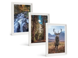 Galeria De Pinturas Murais Cachoeira, Floresta, Montanhas, Veado Natureza Moldura Branca Quadros Para O Escritório Espelharte (3 Piezas De 40x60 Cm)