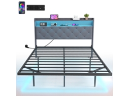 Estrutura da Cama 140 X 190 Cm com Base de Aço. Cama Flutuante para 2 Pessoas com Luzes Led Rgb e Estação de Carregamento. Cinza Ge