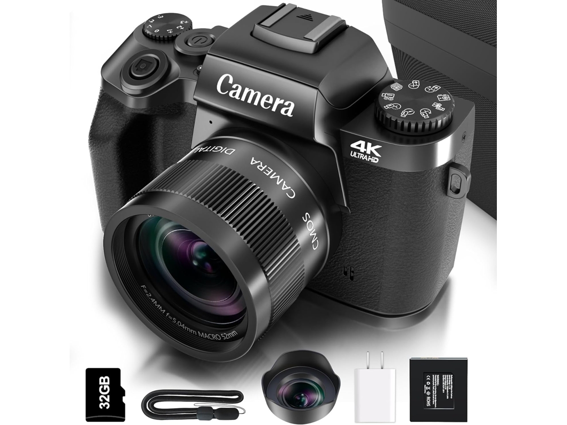 Câmera Digital Para Fotografia, Câmera De Vlog Com Tela Sensível Ao Toque Wifi 4k De 64 Mp E Flash, Cartão Micro De 32 Gb (preto)