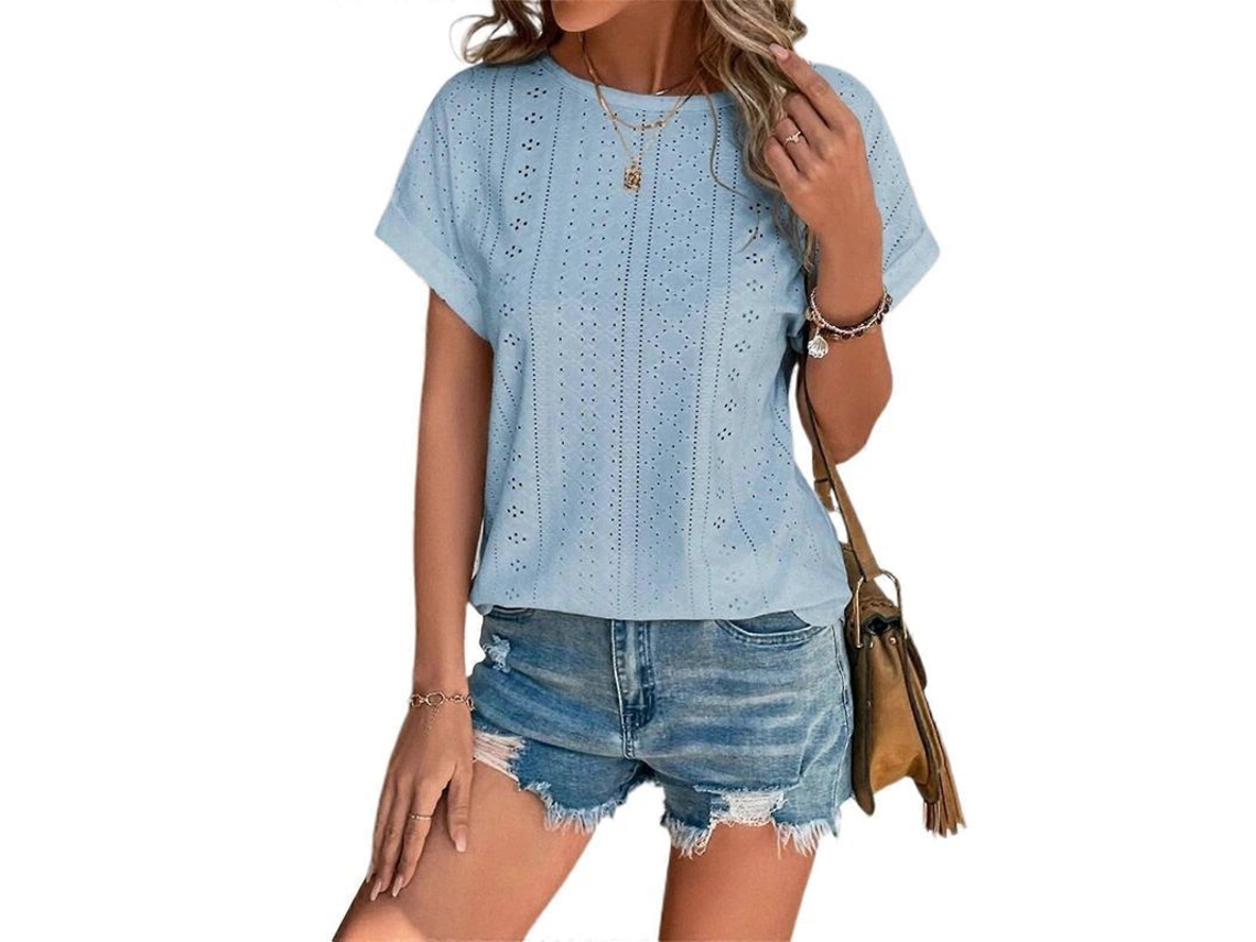 Camiseta De Manga Curta Com Detalhes De Botões Gola Redonda Solta Verão Tamanho Xxxl Azul L